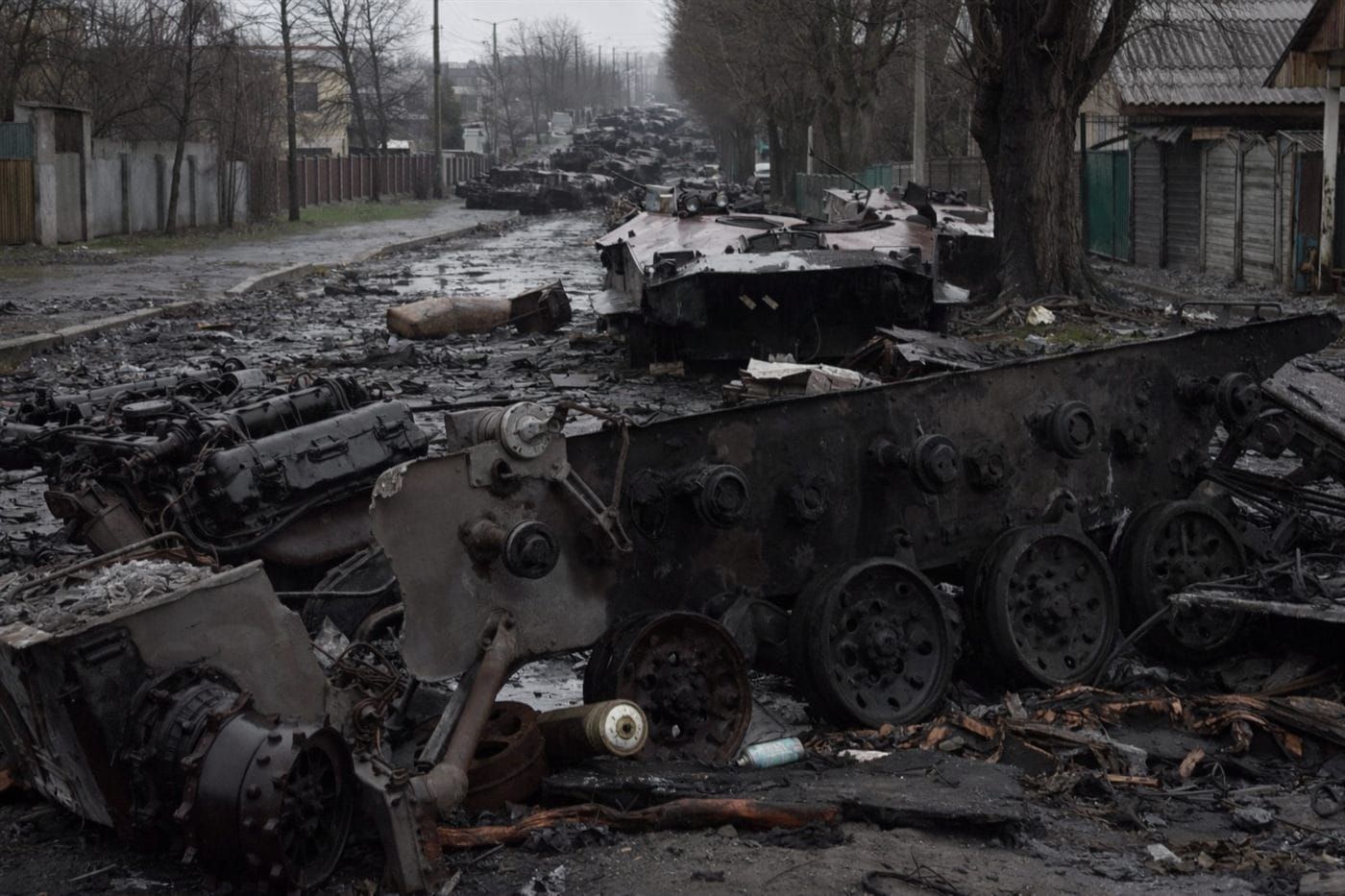 Destroyed Russian armoured vehicles on a residential street in Bucha, 2022