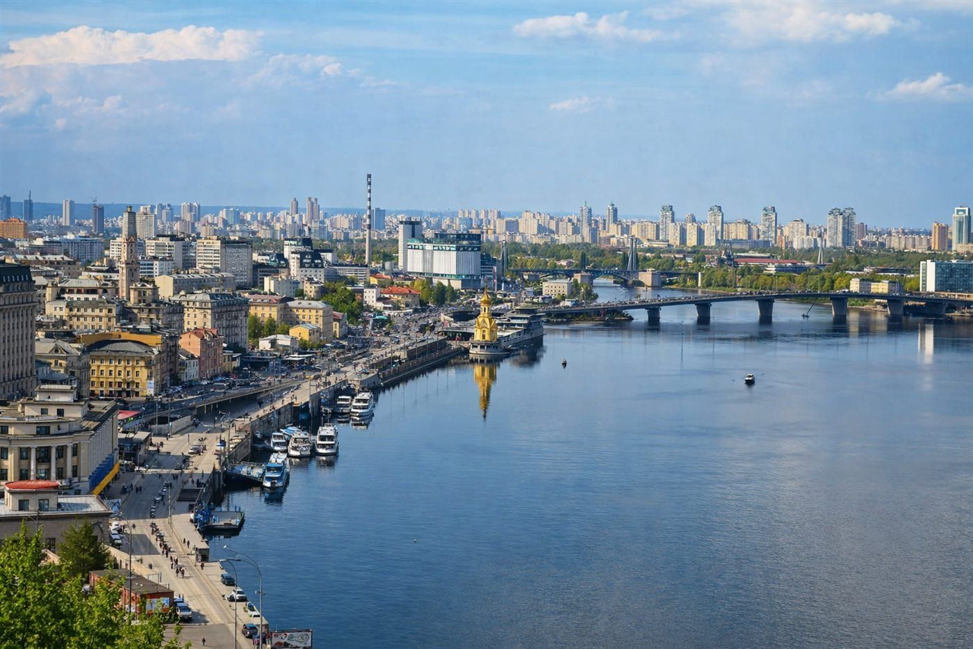Aerial view of Kyiv with the Dnipro river and Podil embankment